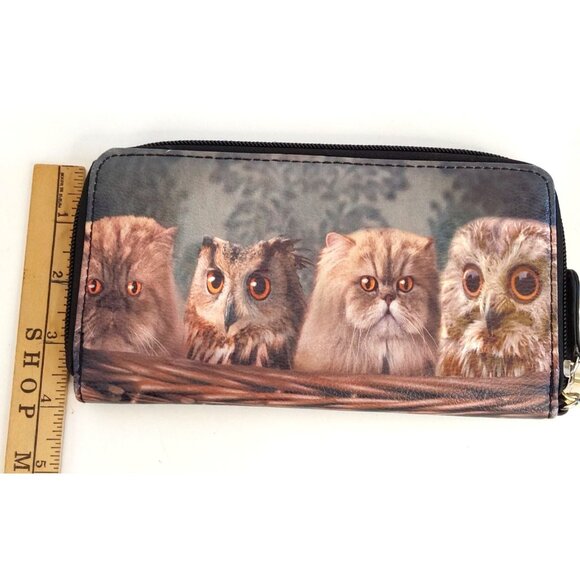 Cats and Owls Wallet, Faux Leather, Detachable Wrist Strap, Zipper Close, 7.5" - Picture 4 of 8